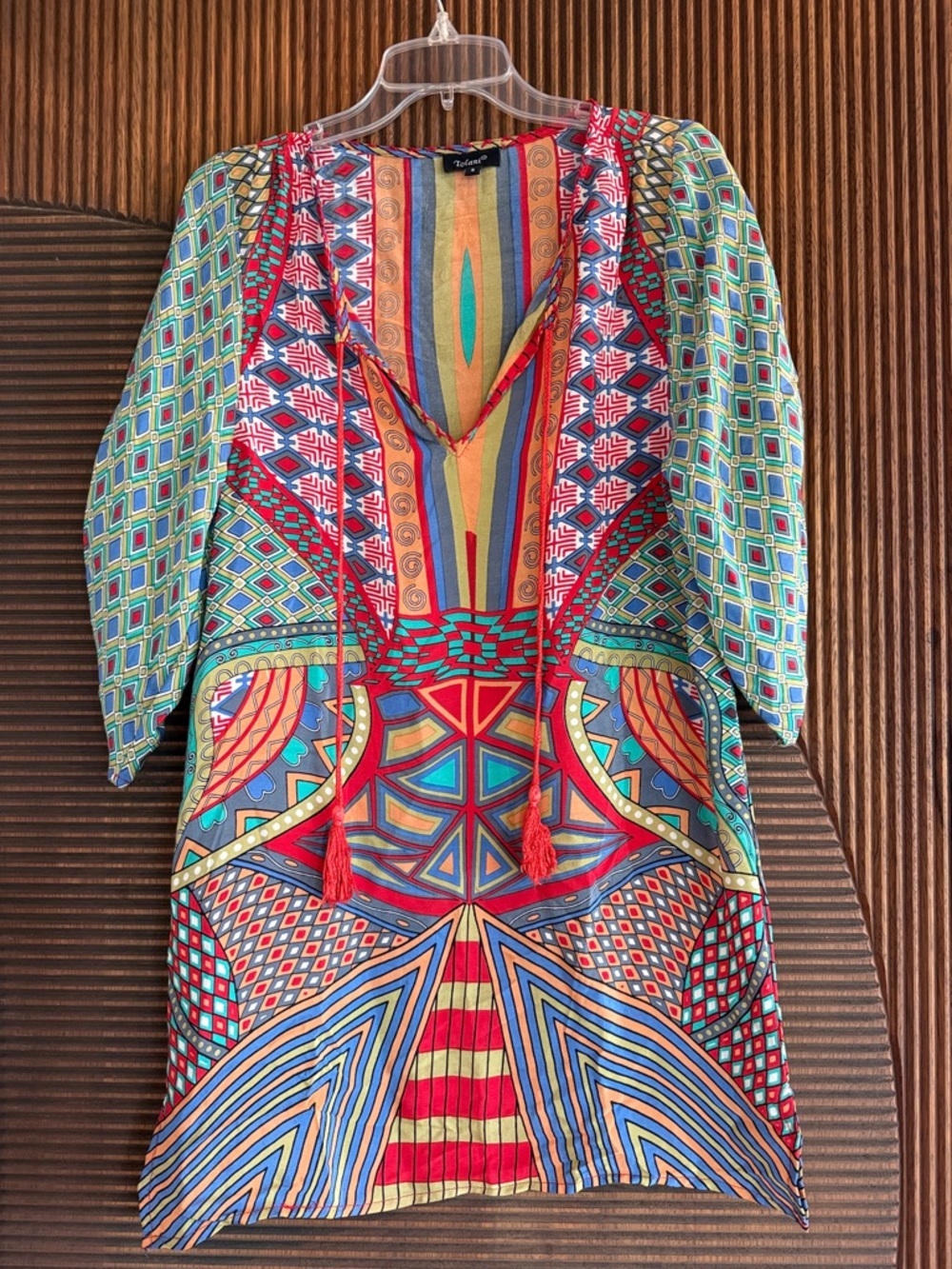 Tolani Multicolor Geometric Mini Dress with Tassel Tie